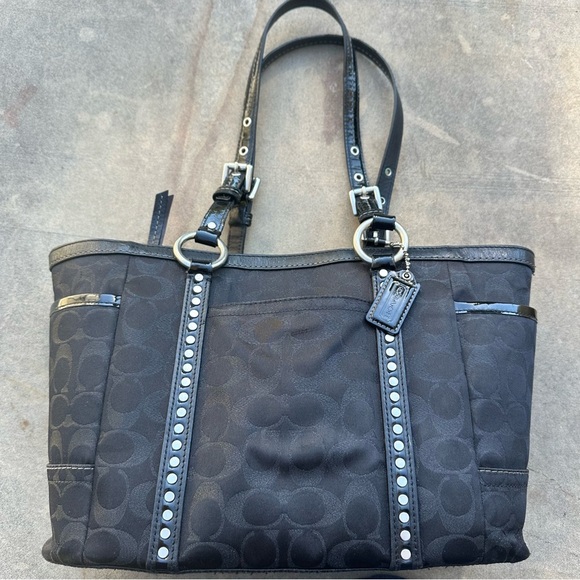 Coach Black Lurex Jacquard Signature C Studded Tote Shoulder Handbag F12853 READ - Picture 1 of 11